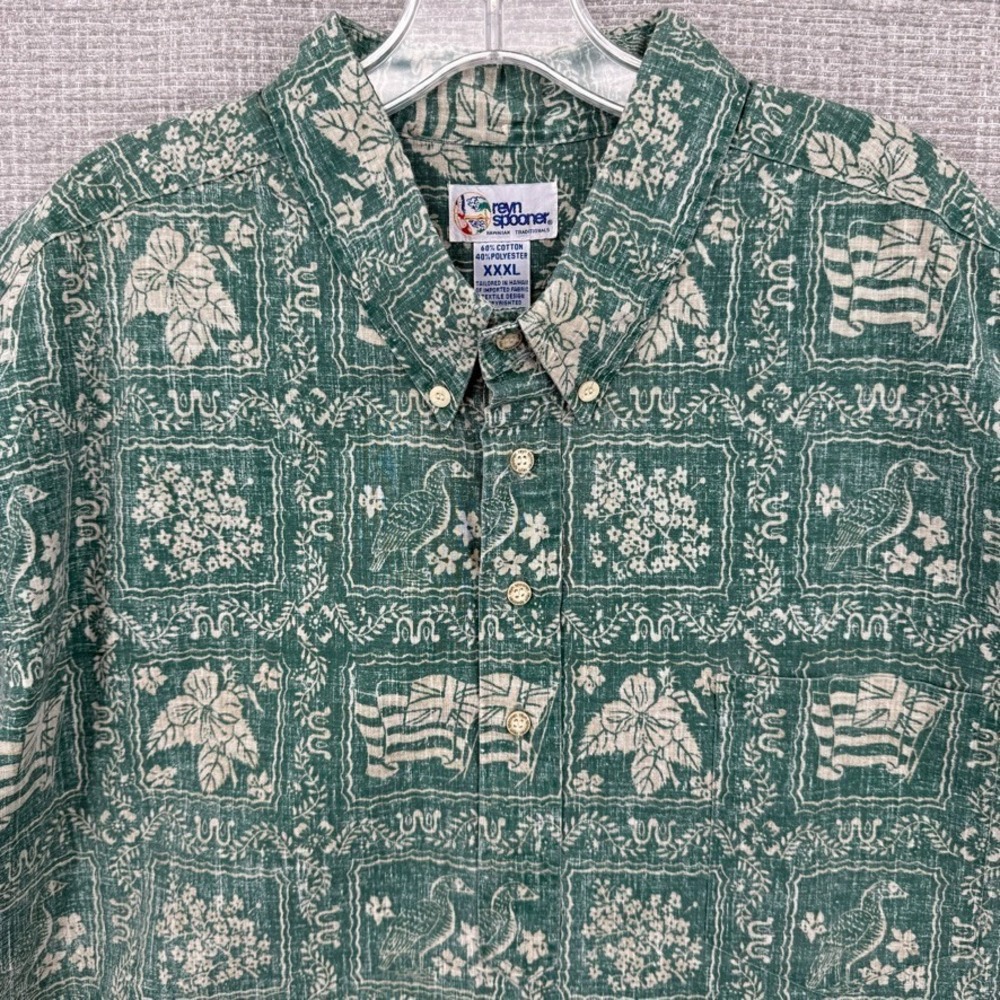 Vtg Reyn Spooner 90s 3XL Green White Lahaina Sailor Floral Hawaii Kloth Popover